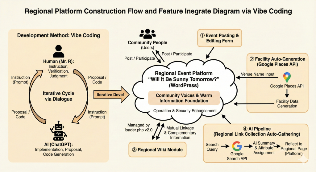 System map of the AI–human co-creation workflow and feature integrations using Vibe Coding